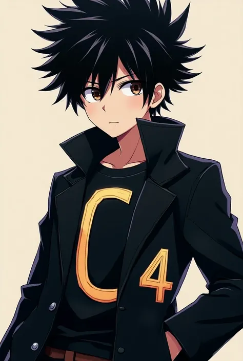 Make a 15-year-old boy in a black coat with black hair and a C on the front of his coat and a 4 in the back with big hair type of anime