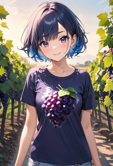 (masterpiece, best quality),grape-print T-shirt,(A girl wearing a grape-print T-shirt),
(tween,cute,(darkblue hair, wavy-short hair),bold eyebrows,middle small breasts),smile,girl pose,street snap,grape field,octane rendering,