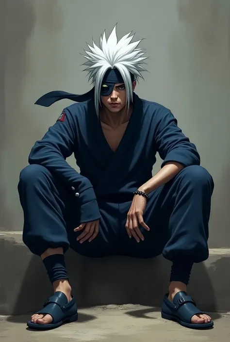 man with white hair and one black eye and Konoha bandana and mask covering one eye with dark blue blouse and dark blue pants and sitting with legs open 