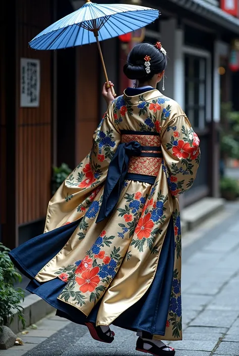 Beautiful maikos full back view 、High-end kimono、He is holding a light blue Japanese umbrella , Japanese umbrellas in Japan, (( The wide kimono belt on his back hangs long and straight,  A gorgeous embroidered belt on gold fabric )),  beautiful kimono with...