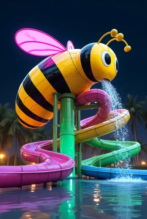 A gigantic, cartoonish bee with a bright yellow and black striped body, but accented with playful neon pinks, greens, and blues. The bees large wings form part of the structure, with multiple intertwining slides wrapping around the body. Water splashes dow...