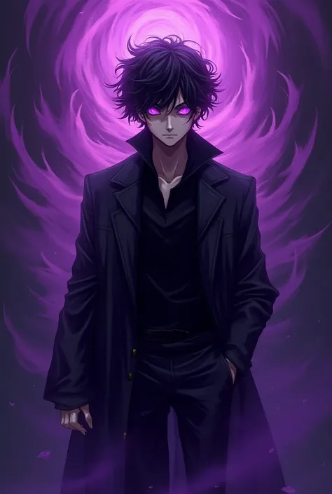 Draw an anime man corrupted by something evil he has creepy bright purple eyes , He is wearing completely black clothes with curly black hair and also with a purple aura . with a smile