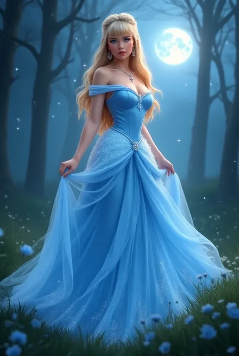 Imagine an adult busty Disney Cinderella princess, bright blue eyes, straight long blonde hair with bangs. Busty curvy hourglass figure. Long flowy light baby blue ethereal dress with magical silver glowing sparkles lit up all over her dress. She is wearin...