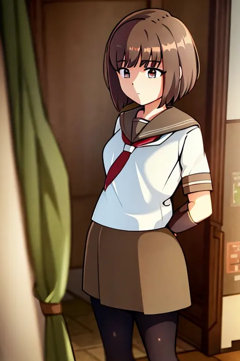 adolescent, brown hair,  brown eyes ,   school uniform ,  above knee stockings , green skirt,  white shirt,   white gloves in th...