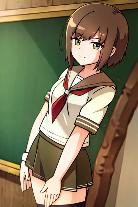 adolescent, brown hair,  brown eyes ,   school uniform ,  above knee stockings , green skirt,  white shirt,   white gloves in th...