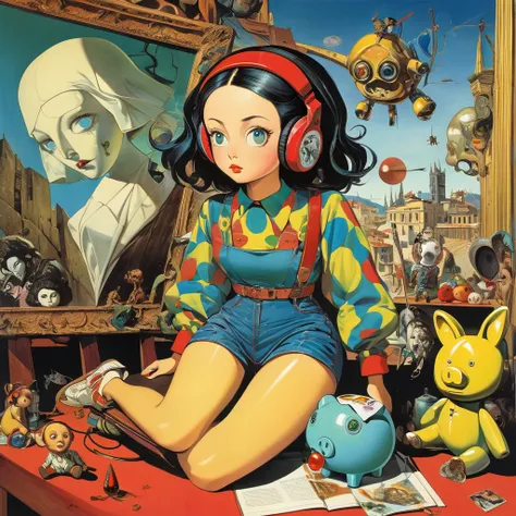 Max Ernst, Dali, Chirico, beautiful  girl doll,  wearing panty, headphones,  death piggy bank, 1990s fashion illustration, surrealism, avant-garde painting