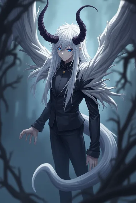 Anime character male, white long hair, blue eye right and dark blue left, horns, white and black wings on the head, long tail, experimental monster