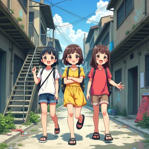 
(masterpiece、Detailed Anime)、(Three cute girls、Three elementary school girls、Summer clothes)、( old and dirty stairs in the housing complex、 Unsanitary Poverty Alley、Battleship Island、Stairs to the basement、Dirty Eateries 、garbage、Use waterways)、(Poor cond...