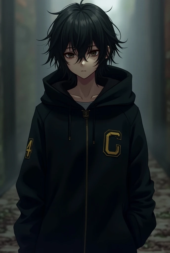 Make a 15-year-old boy with a black coat with black hair and a C on the front of the coat and a 4 in the back with big hair type of anime but the hair falling down a bit messy hooded coat dark brown eyes like a Minecraft YouTube 