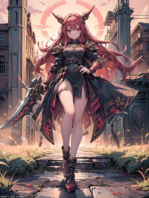 (((masterpiece, best quality, high detailed, 16k))) (1girl) A fierce warrior with a fiery mane of bright red hair, clad in ornate gold and crimson armor. Her eyes blaze with the intensity of a rising sun, and she wields a massive battle axe, etched with an...