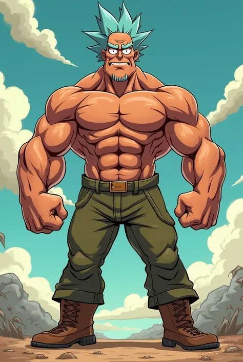 Create an image of Rick Sanchez very muscular in cartoon style