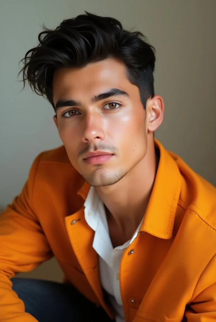 a handsome young man, short black hair, light brown eyes, tanned skin, orange coat, white shirt, black jeans, highly detailed face, beautiful detailed eyes, beautiful detailed lips, extremely detailed eyes and face, long eyelashes, photo-realistic, (best q...