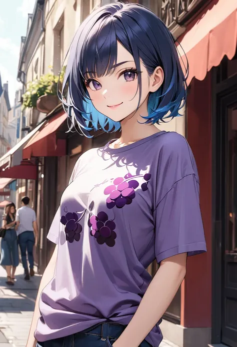 (masterpiece, best quality),grape-print T-shirt,(A girl wearing a grape-print fashionable T-shirt),
(tween,cute,(darkblue hair, wavy-short hair),bold eyebrows,middle small breasts),street snap, Bourgogne,octane rendering,smile,