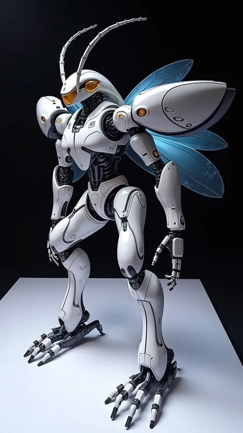  Live Action 、Genuine、A giant robot that looks like a combination of scarab beetles and armor、beautiful, Streamlined, Slender human silhouette、beautiful大きな昆虫の羽、The head has a Streamlined design like a bicycle helmet.、long humanoid legs、Biological cuticle o...