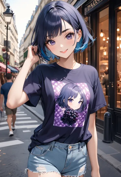 (masterpiece, best quality),grape-print T-shirt,(A girl wearing a grape-print fashionable T-shirt),
(tween,cute,(darkblue hair, wavy-short hair),bold eyebrows,middle small breasts),street snap,pose, paris,octane rendering,smile,