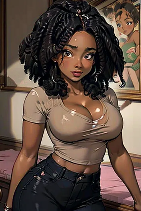 realistic sfw photo of beautiful black girl ,   thin and thick waist  , but thinner , dangerous curves,   covered in runny milk ...