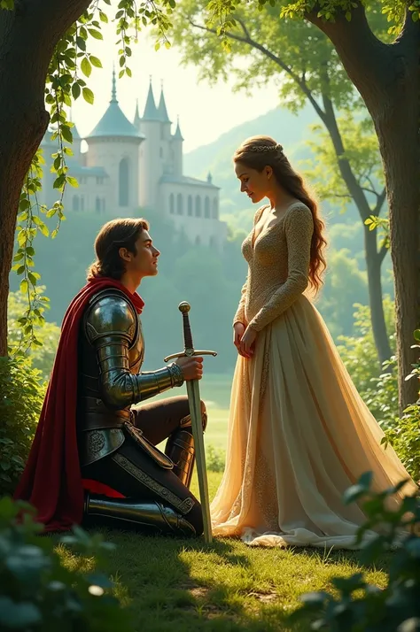 Slide 2: Depict a moment of chivalry (Lancelot rescuing Guinevere)

	•	Background: A lush, green forest with a distant view of a castle, representing Camelot.
	•	Foreground: Lancelot, dressed in shining armor, kneeling before Queen Guinevere as he rescues ...