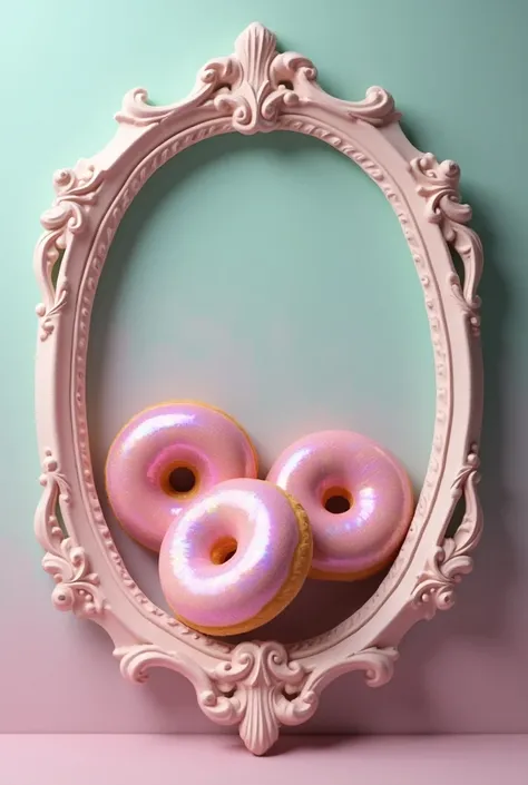 iridescent　3 donuts 、
 The background is a decorated pink-green picture frame、