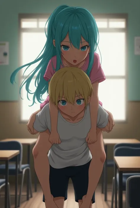 (photorealism:1.2), Cyan long hair beautiful teenage girl with pink dress, and black skirt, giving a piggyback to a thin teenage boy with white shirt and blonde hair in a class during a fight.
Girl on the top of the image
Boy on the bottom of the image 