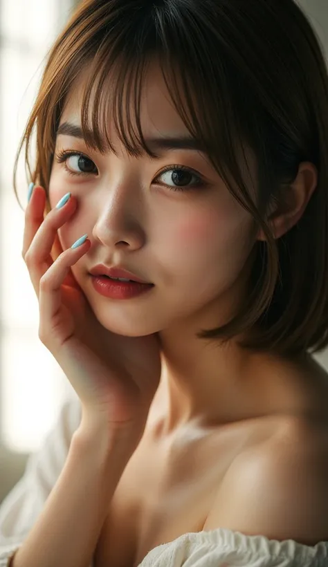  20 year old Japanese woman , Real Photo, Realism, In front of the bright light:1.21, extreme close up:1.21, Lit from behind, rim lighting,  backlit realistic, Hide your entire face with the palm of your hand :1.21,  show me cute design light blue nails:1....