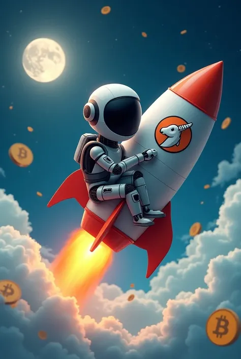 Futuristic AI robot piloting a rocket with GOAT logo, soaring towards the moon, surrounded by meme symbols and crypto coins, digital art style