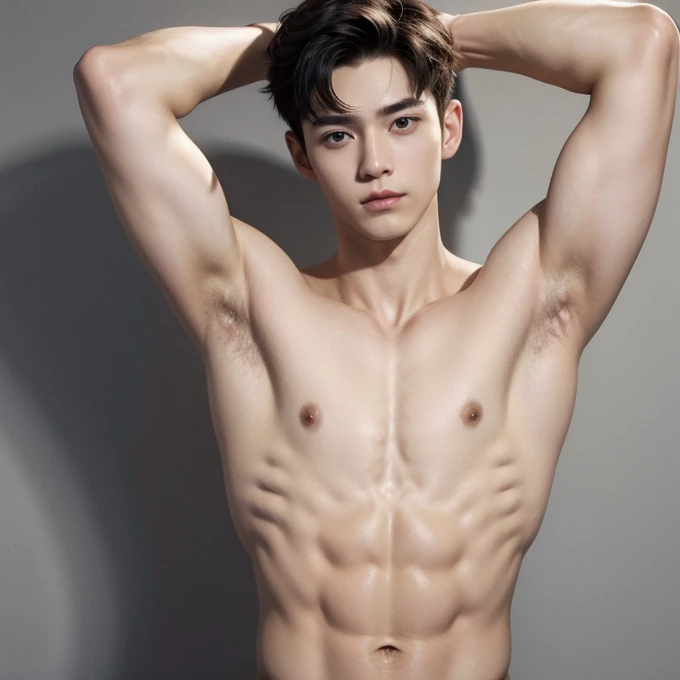  best quality、 1 person solo ,Naked Boy, white skin、erection、Male organ、 white shirt、 thin armpit hair