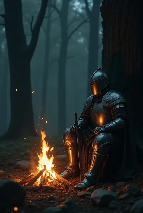 
genere moi un fond ou il y a un chevalier dans une armure gris brillant et un casque qui est assis sur une tron dun arbre etandu avec son epe qui est accoter sur son genoux. le chevalier regarde un feux de bois qui est situe au milieu de l image avec comm...