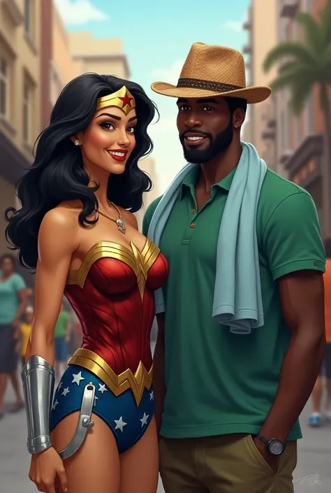 Wonder Woman, next to an African man, (the man wears a round checkered hat, a short green polo shirt and a light blue towel hangs from his neck), smile, city street