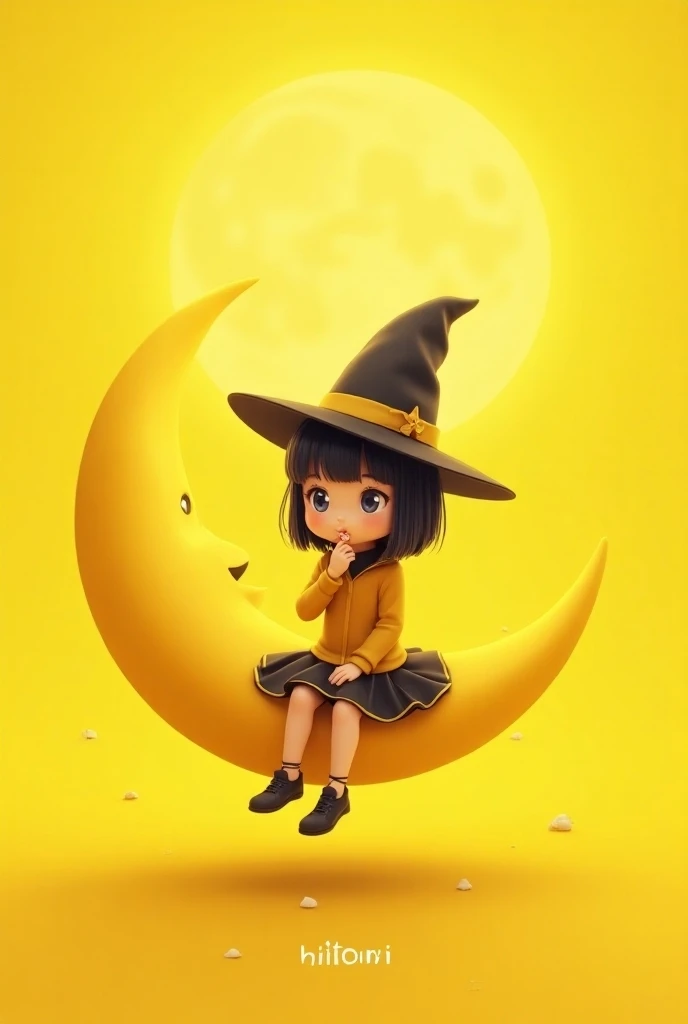  cute teenage witch sitting on the moon 、 realistic yellow background 、 medium black hair with a bang 、 written in the background「Hitomi」 The bottom of the water 、Eating candy "mystical candy "