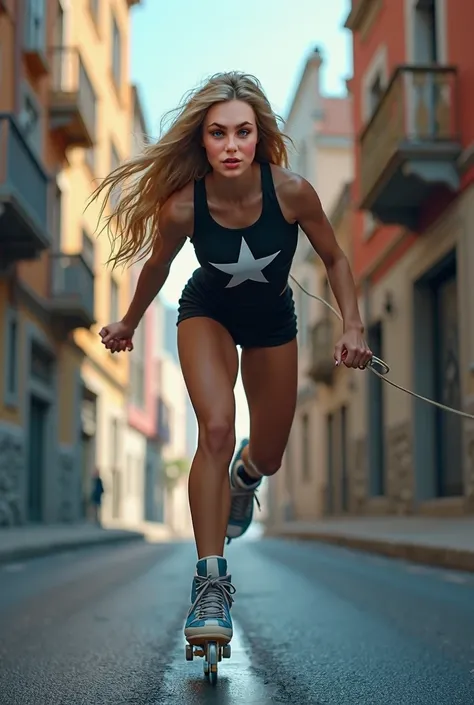 a steep street,  a beautiful muscular cheerleader with long blond hair, wears a black shirt with a white star in the center. blue eyes, Walking down a slope on black skates , She is smiling, using rope, and in a balanced position in the center of the stree...