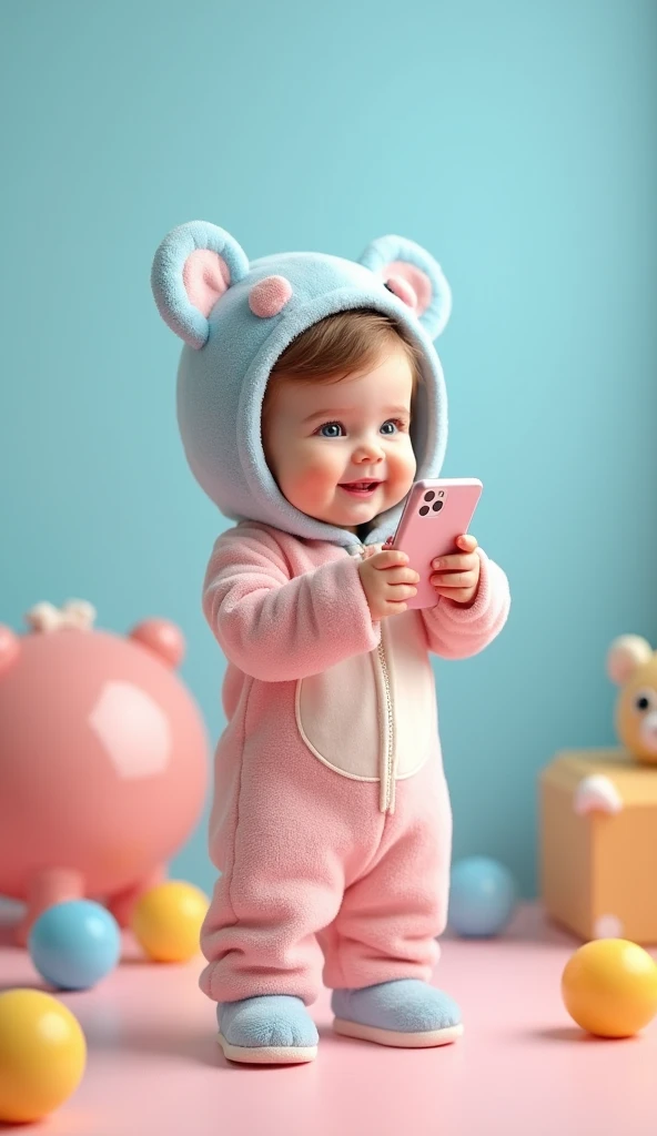 a smiling baby girl wearing a light pink bear costume, blue bear ears and blue eyes, holding a cellphone to her ear, standing up, pastel blue, pink and yellow background with scattered toys, curious and charming expression, ultra-detailed, 8k, high quality...