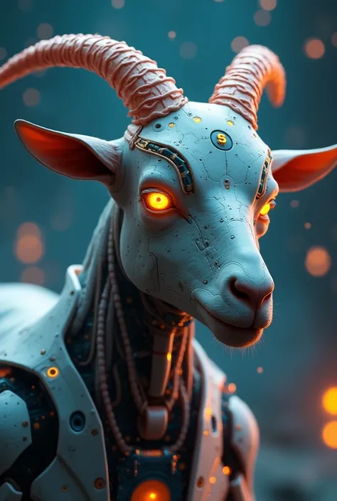 Cyborg goat with AI features, body covered in GOAT logo and circuitry, glowing eyes, futuristic backdrop with floating memes and crypto symbols