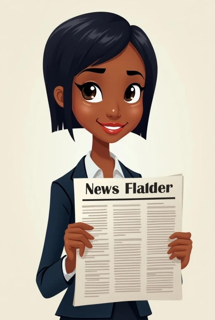 Cartoon of a woman presenting a newspaper, dressed in a suit, black skinned, short straight hair, Pinch eyes and dimples on the face .