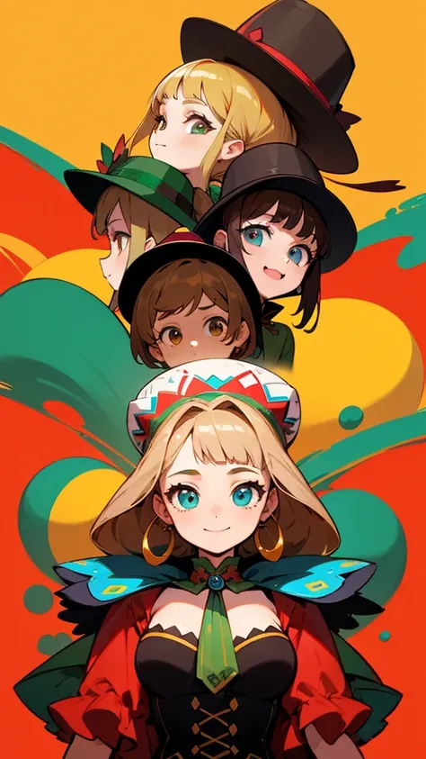 
Two Girls,  High Resolution , Blonde Perm、 ponytail、 with blue eyed girls、Brown Hair、 ponytail、 brown eyed girl 、2 are Mexican hat sombreros、 Mexican national costume charo、The flashy colorful shades of Mexico、red、green、Yellow image。whole body、smile