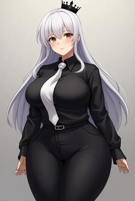 Draw a woman in panties shes Sutian with huge thighs shes a busty white-haired anime , With a black shirt and a white tie its black pants its a small black crown.