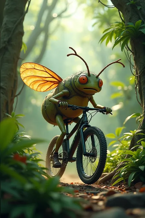 Bugiu riding a mountain bike in the jungle 