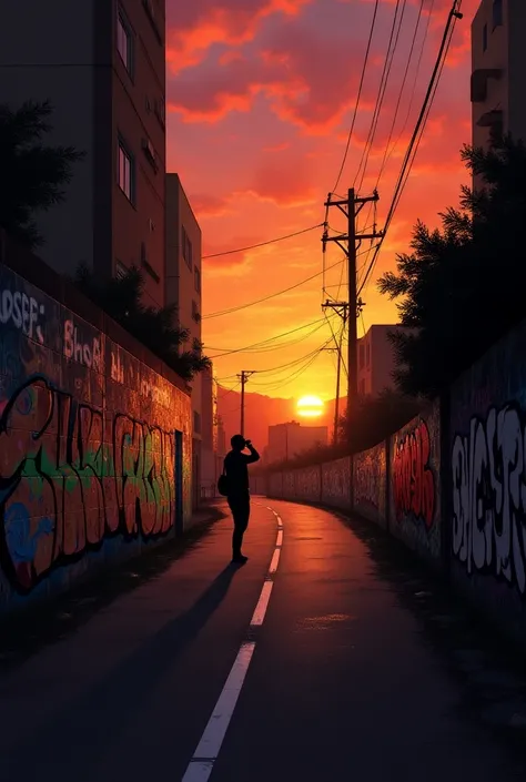 road, with wall and the wall has graffiti and the sky is sunset with someone taking picture the sunset  make it in paint 
