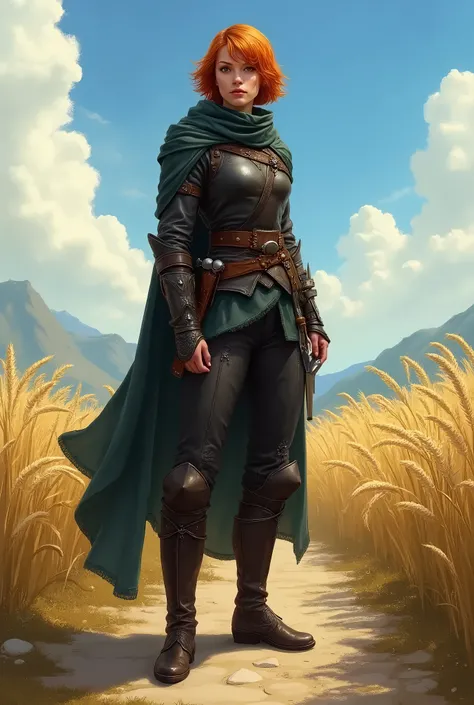 In RPG style, in style of Dungeons & Dragons, in style of fantasy painting. Full body view, looking at the viewer. image of a female rogue with dagger, dark leather armor, dark pants and high leather boots, ginger short hair. Standing with both feet on the...