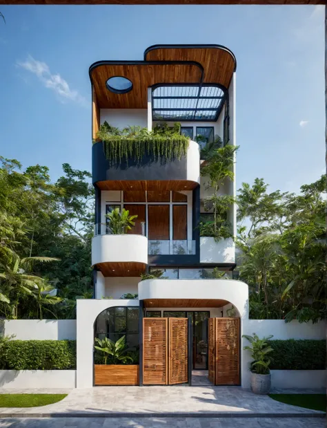 the house has 2 floors and 1 attic with a terrace. tall and narrow, modern design, steel gate and wooden details in harmonious c...