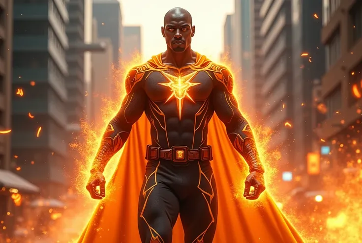  An orange and black superhero ,  named Black Orange With all his powers coming out through his eyes