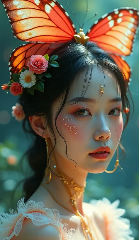 Very beautiful Korean girl with accessories on her face with colorful scales and with large butterfly wings on her head with an eye made of golden roses monochrome lip shiny wet skin colorful lighting, piel de escamas de pez transparente,