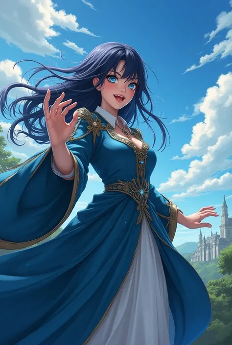  masterpiece ( photo of a full-bodied sorceress with dark hair and light blue eyes dressed in a magical anime dress)  actively says something while gesturing ,  a cheerful facial expression , Blush,  interesting dynamic pose ,   against the background of t...