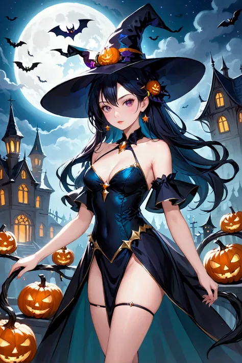 Create a Halloween girl witch and she is beautiful and she has amazing figure