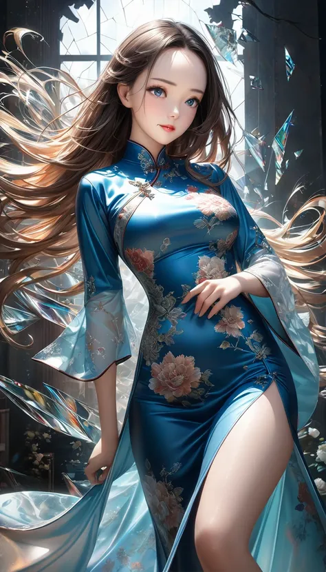 real cool beauty, glossy silky hair, forehead, amorous expression, cortesy, elegance, dignity, captivating eyes, curvaceous, wearing gorgeous Ao Dai, background shattered glass, various effects, delicate and dynamic textures, contrasts of light and shadow,...