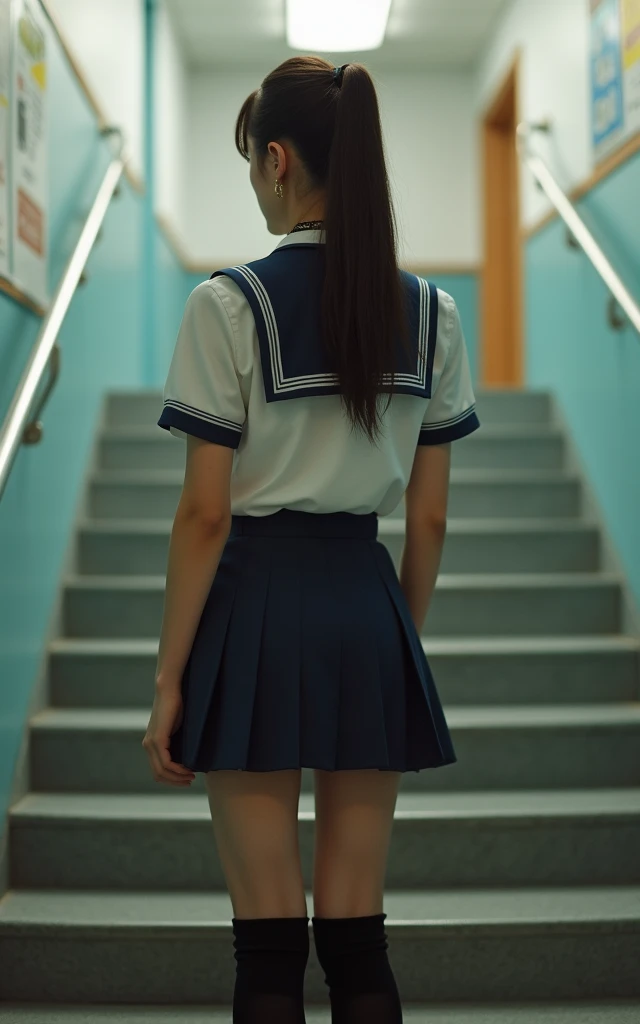 (((highest quality, High resolution, , Pixel Perfect, 4K))),((Correct Anatomy))、((Sailor suit))、(((School stairs))), ((From behindLow - Angle)),((highest quality)), ((Complex and detailed)), ((Black knee-high socks)), ((Mini Pleated Skirt))、An absurd solut...