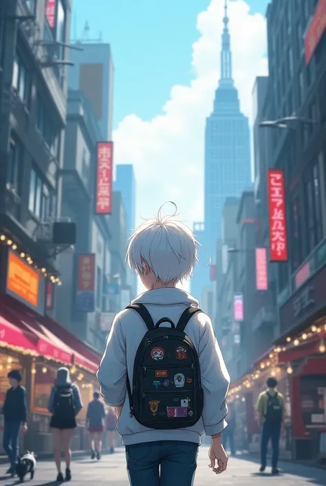 Anime white haired boy pack mah city 
Pack a white jeket writing her S