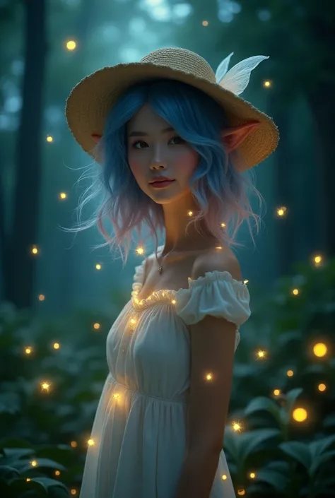 A photo of an elf woman with blue fading to pink hair. She is wearing a straw hat and a short white dress. She is on a forest at night looking at the fireflies abobove her and around her glow . The  light of the fireflies is softly illuminating her face.