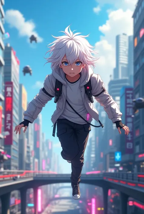 Anime boy with white hair wears mah city 
White jet pack 