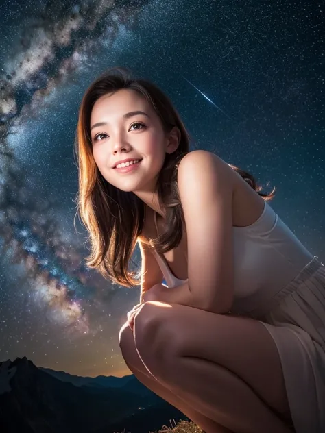 Beautiful woman watching the sky full of stars at the top of the mountain, smile, Surrealism, cinematic lighting, dutch angle, UHD, masterpiece, accurate, super detail, best quality, high details