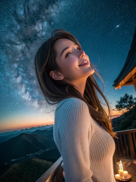 Beautiful woman watching the sky full of stars at the top of the mountain, smile, Surrealism, cinematic lighting, dutch angle, UHD, masterpiece, accurate, super detail, best quality, high details